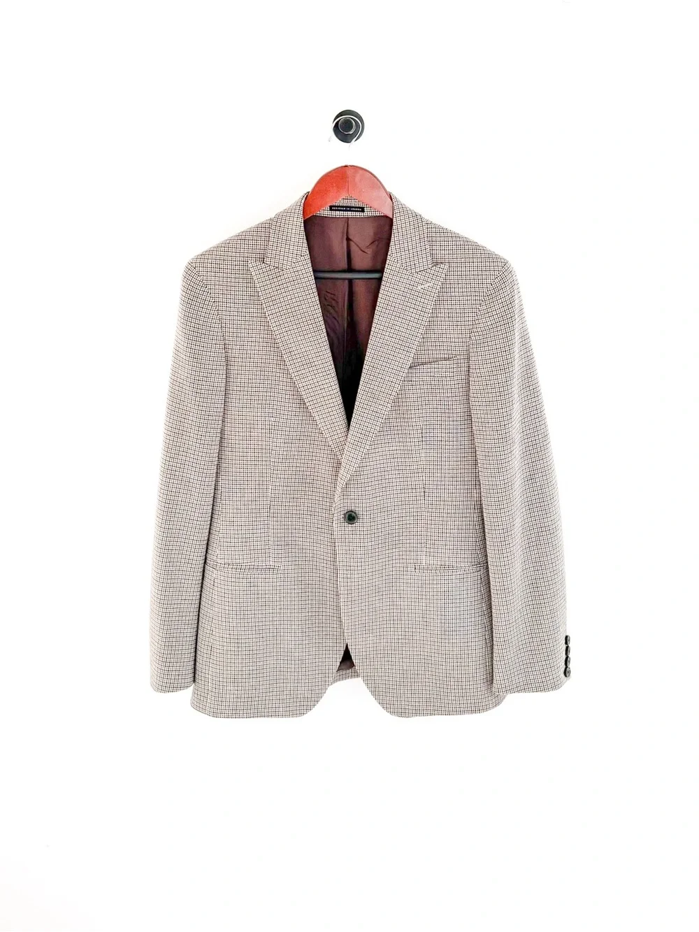 NEW Reiss Men's Plaid Cotton - Wool Houndstooth Blazer Beige Brown 38R Jacket